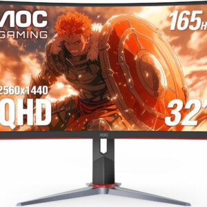 AOC 32″ Curved Frameless Gaming Monitor 2K QHD, 1500R Curved VA, 1ms, 165Hz, FreeSync, Height adjustable, 3-Year Zero Dead Pixel Guarantee (CQ32G2S)